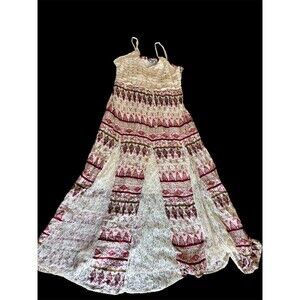 Boho Crochet Lace Paisley  Print Whimsigoth Stevie Maxi Dress Godet Hem L